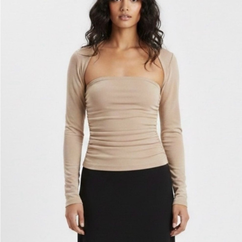 Just Polly Beige Long-Sleeve Bolero Crop Top. Size M